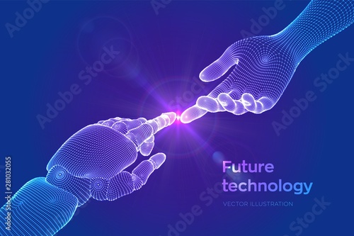 Hands of Robot and Human Touching. Cyborg finger about to touch human finger. Symbol of connection between people and artificial intelligence. Science, future technology. Vector Illustration.