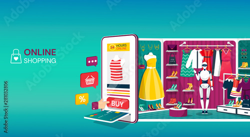 Online shopping concept for website, mobile application. Shopping cart, buttons, payment slot with credit card and a rear display of garments and accessories in a shop. Vector isometric illustrration