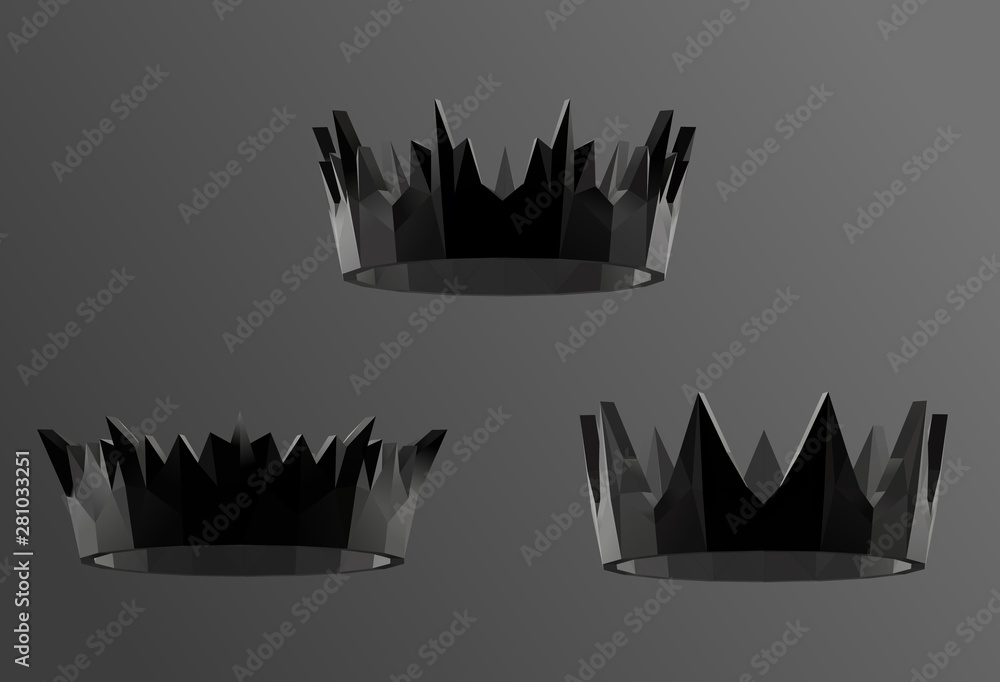 Crown in Black and White. Dark Set of Crowns. Low Poly Vector Greyscale