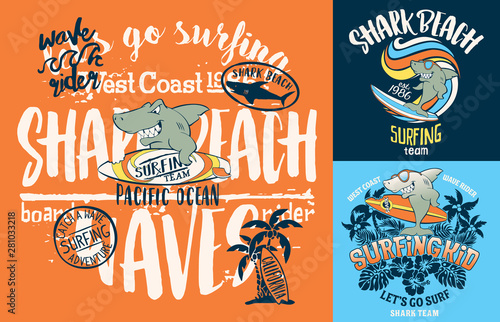 Shark beach surfing wave rider collection cute vintage vector print for children wear
