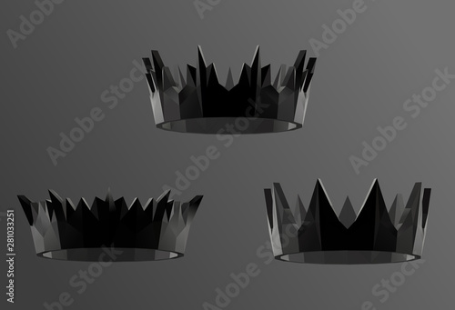 Crown in Black and White. Dark Set of Crowns. Low Poly Vector Greyscale Silhouette 3D Rendering