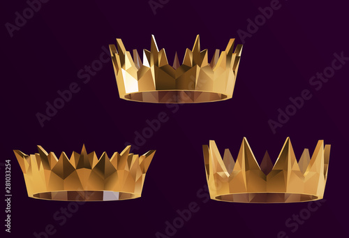 Gold Crown. Shiny Metallic Set of Golden Crowns on Purple Background. Low Poly Vector 3D Rendering
