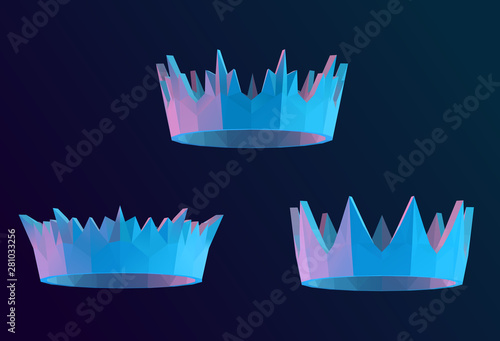 Vibrant Crown. Set of Holographic Crowns on Isolated Background. Low Poly Vector 3D Rendering