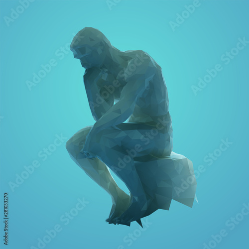 Artistic Thinker Man Sculpture on Blue Background. Low Poly Vector 3D Rendering