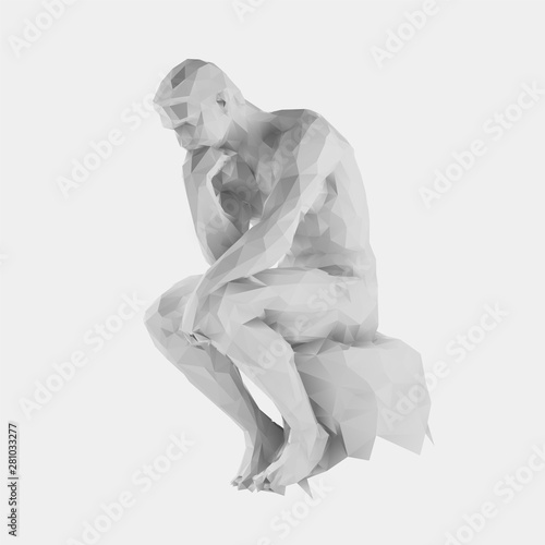Isolated White Thinker Man on Light Background. Low Poly Vector 3D Rendering