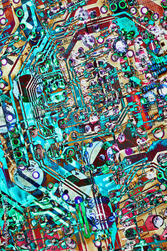 Computer Electronic Microcircuit Motherboard Detail Multicolored Background
