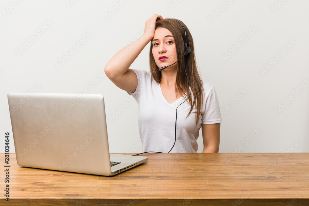 Young telemarketer woman being shocked, she has remembered important meeting. Young telemarketer woman being shocked, she has remembered important meeting.