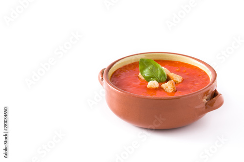 Obraz na plátně Tomato soup in brown bowl isolated on white background. Copyspace