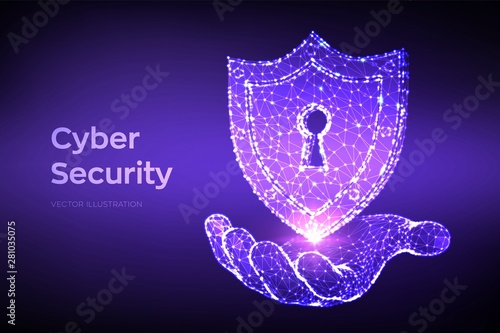 Security shield. Cyber security. Shield With Keyhole icon in hand. Protect and Security of Safe concept. Illustrates cyber data security or information privacy idea. Low polygonal vector Illustration.