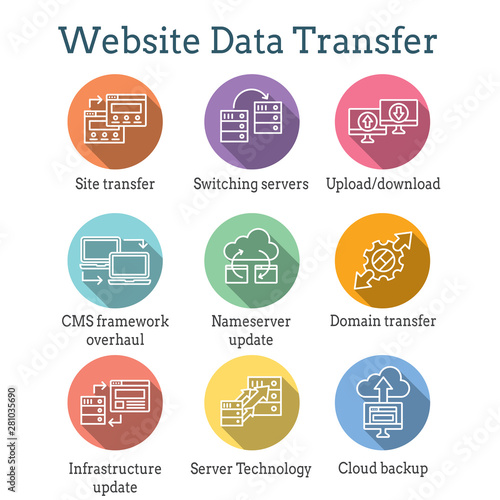 Website Data Transfer Icon Set with laptops, arrows, & imagery of transfer