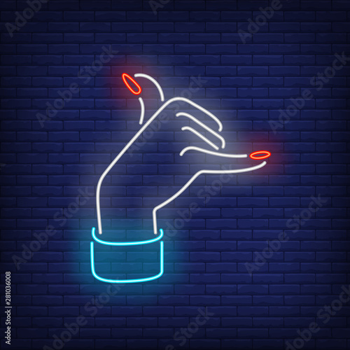 Shaka gesture neon sign. Female hand, thumb, little finger. Gestures concept. Vector illustration in neon style, glowing element for topics like surfing, Hawaii, phone call gesture