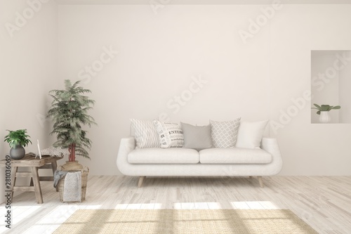 Stylish room in white color with sofa. Scandinavian interior design. 3D illustration