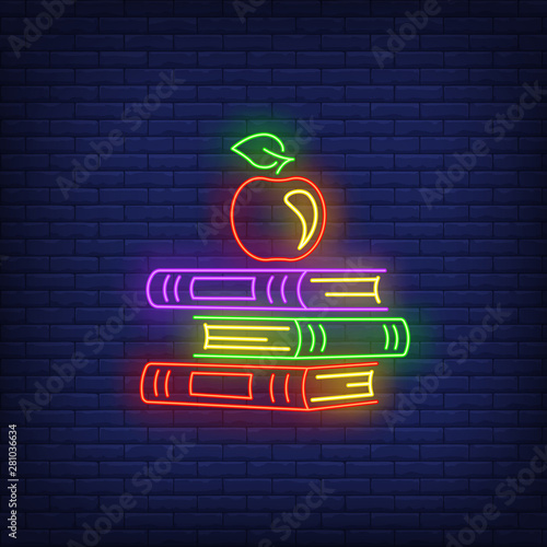 School textbooks neon sign. Stack of books and red apple. Back to school concept. Vector illustration in neon style, glowing element for topics like education, knowledge, studying