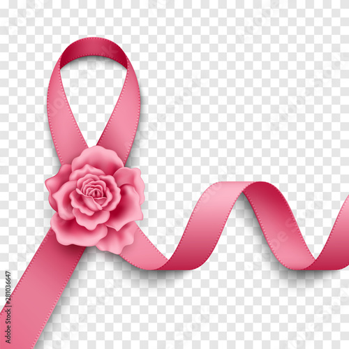 Realistic pink ribbon with rose on transparent background. Symbol of breast cancer awareness