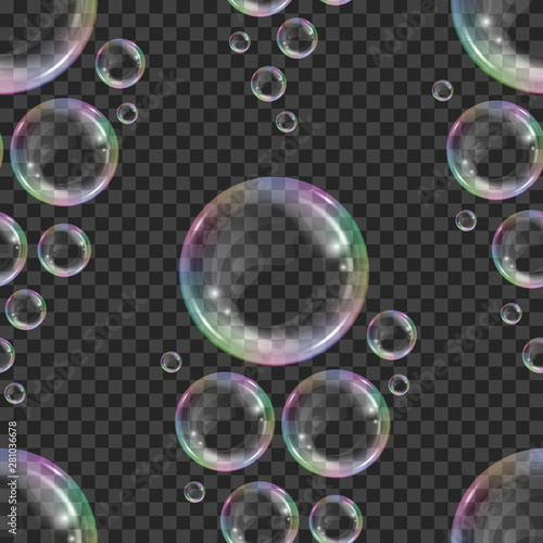 Seamless pattern with realistic floating soap bubbles with rainbow reflection on transparent background. Design element for advertising booklet, flyer or poster
