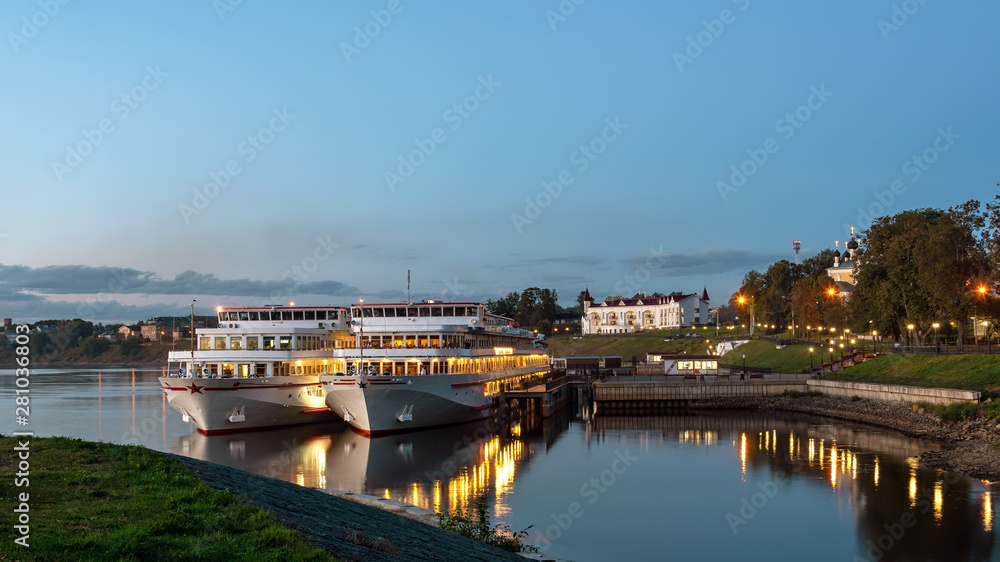 Cruise ship at the pier in the ancient Russian city of Uglich
