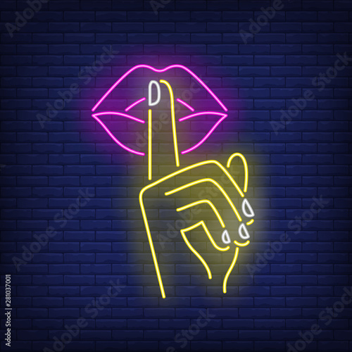 Shh gesture neon sign. Female hand, index finger on pink lips. Gestures concept. Vector illustration in neon style, glowing element for topics like silence, quiet, secret photo