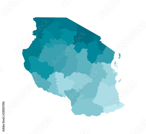 Vector isolated illustration of simplified administrative map of Tanzania. Borders of the regions. Colorful blue khaki silhouettes