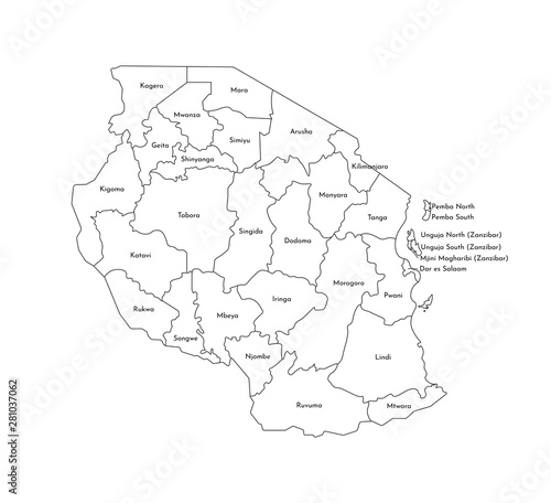 Vector isolated illustration of simplified administrative map of Tanzania. Borders and names of the regions. Black line silhouettes