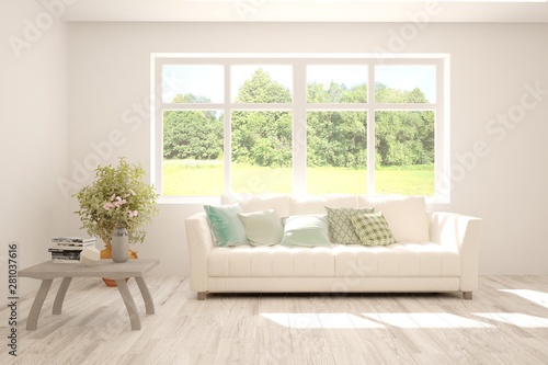 Stylish room in white color with sofa and summer landscape in window. Scandinavian interior design. 3D illustration