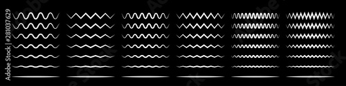 Zigzag wave line patterns, smooth end squiggly horizontal white lines. Vector curvy underlines on black background