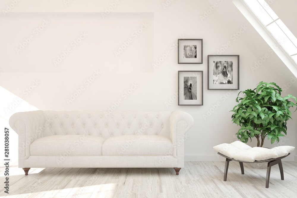 Stylish room in white color with sofa and summer landscape in window. Scandinavian interior design. 3D illustration Stylish room in white color with sofa and summer landscape in window. Scandinavian interior design. 3D illustration