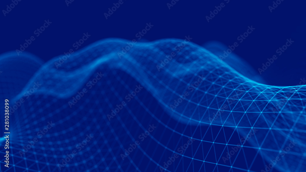 Naklejka premium Wave 3d. Wave of particles. Abstract Blue Geometric Background. Big data visualization. Data technology abstract futuristic illustration. 3d rendering.