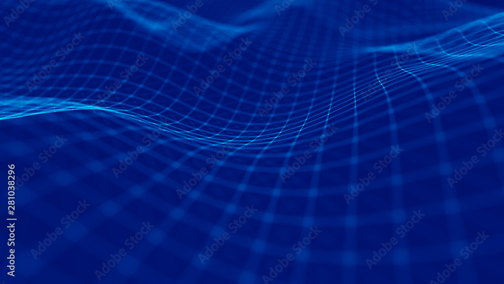 Wave 3d. Wave of particles. Abstract Blue Geometric Background. Big data visualization. Data technology abstract futuristic illustration. 3d rendering. Wave 3d. Wave of particles. Abstract Blue Geometric Background. Big data visualization. Data technology abstract futuristic illustration. 3d rendering.