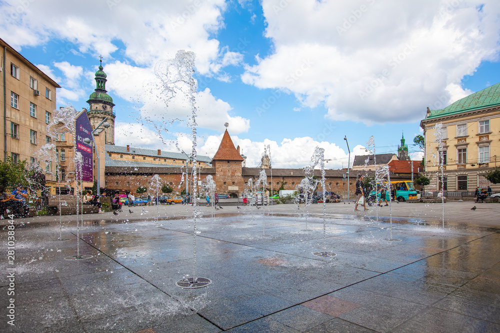View on Hlyniany Gate and Bernardine church from Fountain on Mytna (Сustoms) square