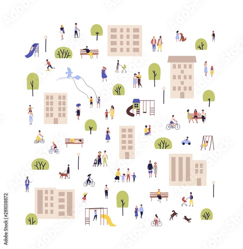 People walking with children or dogs, riding bikes, sitting on bench in city suburbs or outskirts. Cartoon men and women performing outdoor activities on suburban street. Flat vector illustration.