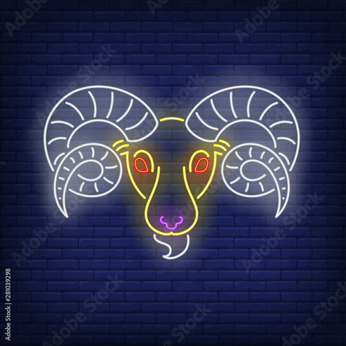 Aries neon sign. Ram, sheep, head. Astrological sign concept. Vector illustration in neon style, glowing element for topics like zodiac, horoscope, astrology