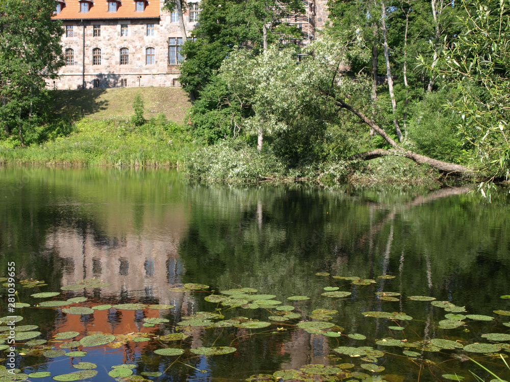 Obraz premium Cesvaine stone castle, beautiful summer day, pond, reflections, Latvia