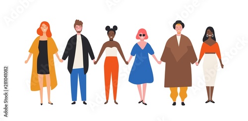 Cute happy young men and women holding hands. Funny smiling people standing in row together. Group of cheerful friends. Union, community, association. Flat cartoon colorful vector illustration.