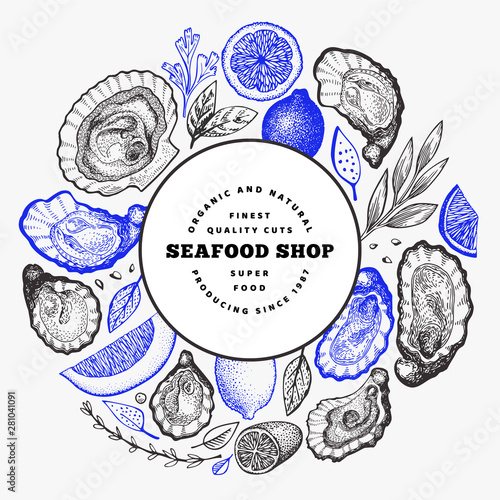 Oysters and spices design template. Hand drawn vector illustration. Seafood banner. Can be used for design menu, packaging, recipes, label, fish market, seafood products.