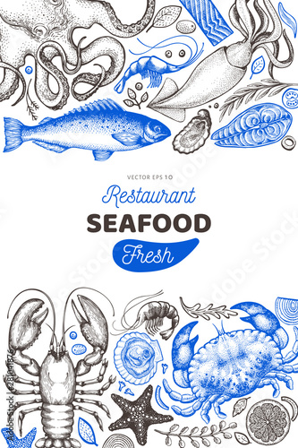 Seafood shop hand drawn vector banner template. Retro style
