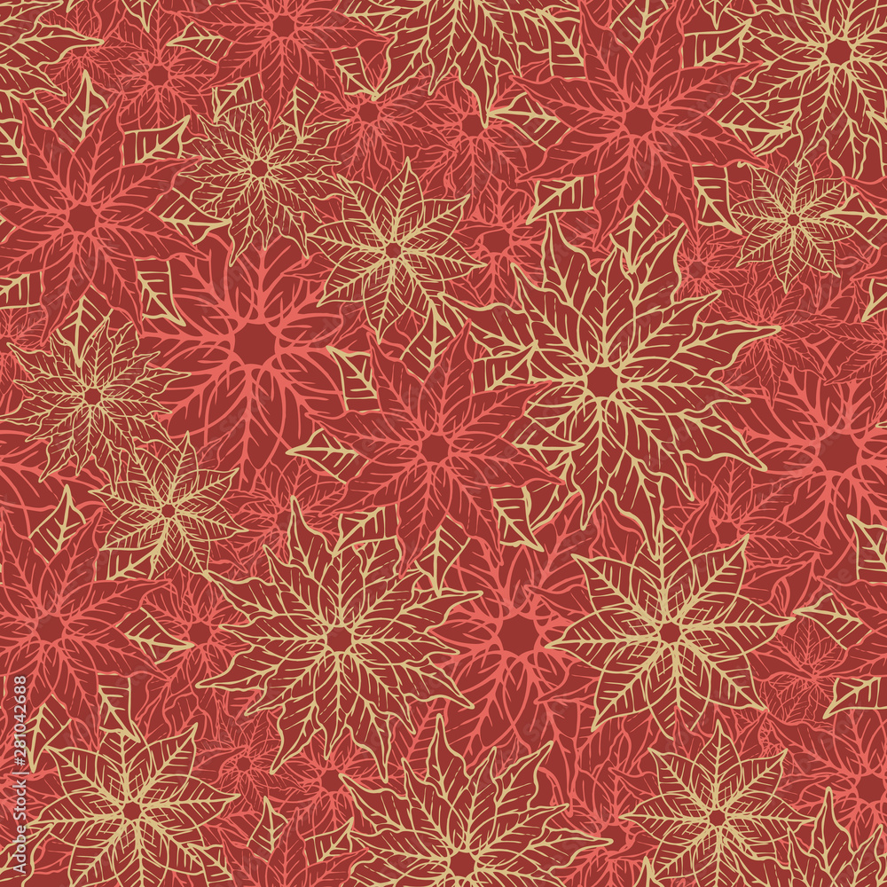 Poinsettia seamless vector pattern background design. Red and gold festive holiday season pattern print. Poinsettia seamless vector pattern background design. Red and gold festive holiday season pattern print.