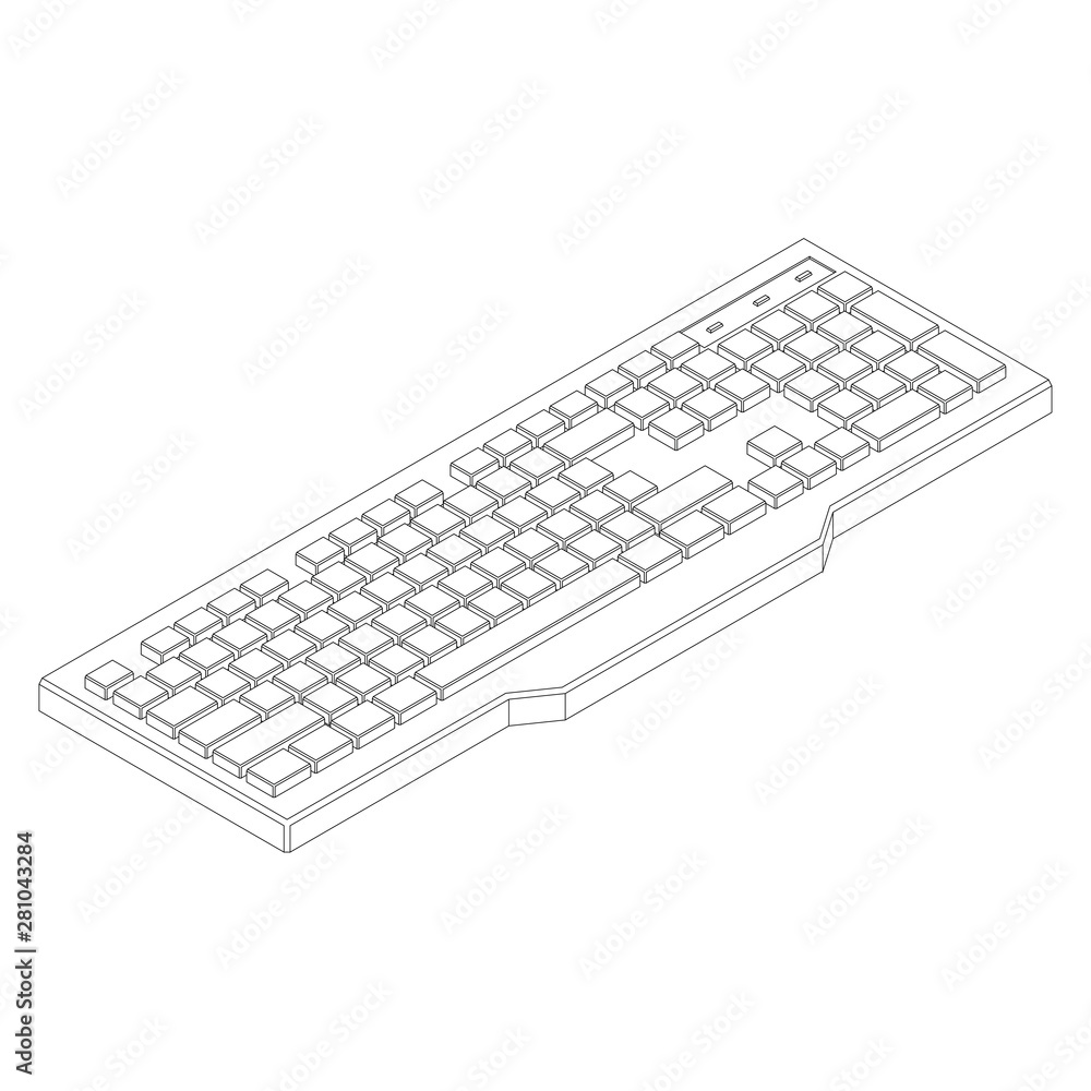 Isometric contour of highly detailed keyboard with many keys