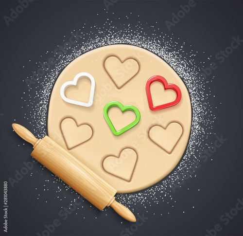 Wooden rolling pin, kneading dough with flour and cookie cutter. Concept design for baking, cookie, biscuit. Dark background. Eps10 vector illustration.
