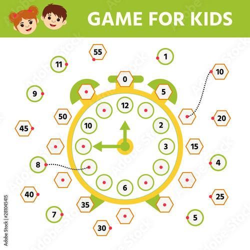 Game for kids. Riddle the children clock. Learning time on the clock. Children funny entertainment and amusement. Educational Game find the Matching time on the watch. Vector illustration