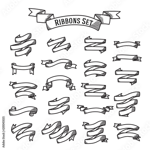 Vector set of different ribbons in handdrawn engraving style.