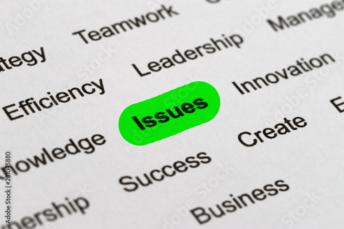 Issues - Project Management Buzzwords, Printed on White Paper and Highlighted