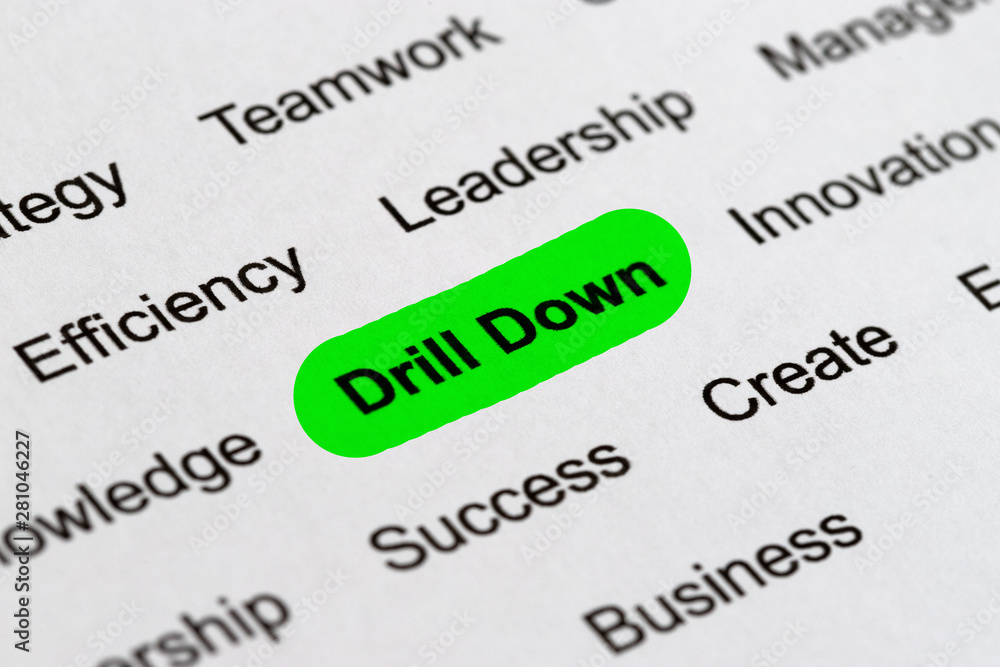 Fototapeta premium Drill Down - Project Management Buzzwords, Printed on White Paper and Highlighted