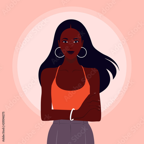 African girl standing with arms crossed. Portrait of a happy young woman on the background of the sun. Vector flat illustration