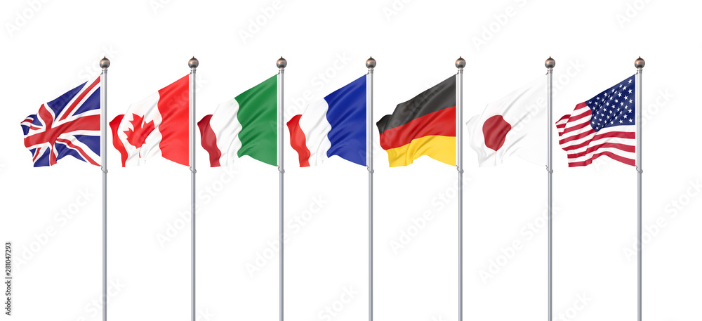 45th G7 summit , August 24–26, 2019 in Biarritz, Nouvelle-Aquitaine, France. 7 flags of countries of Group of Seven - Canada, France, Japan, Germany, Italy, USA , United Kingdom. 3D illustration. 45th G7 summit , August 24–26, 2019 in Biarritz, Nouvelle-Aquitaine, France. 7 flags of countries of Group of Seven - Canada, France, Japan, Germany, Italy, USA , United Kingdom. 3D illustration.