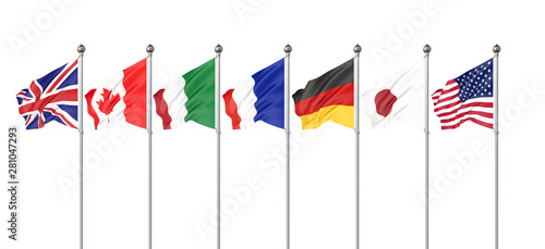 45th G7 summit , August 24–26, 2019 in Biarritz, Nouvelle-Aquitaine, France. 7  flags of countries of Group of Seven - Canada, France, Japan, Germany, Italy, USA , United Kingdom. 3D illustration.