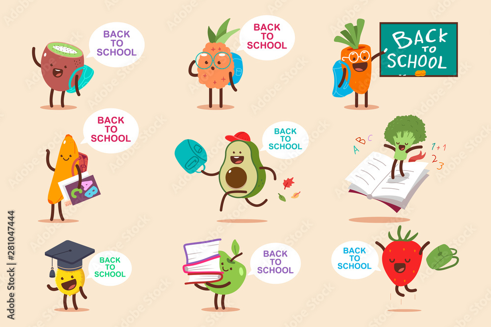 Back to school vector cartoon concept illustration with cute fruit and vegetables characters set isolated on background.