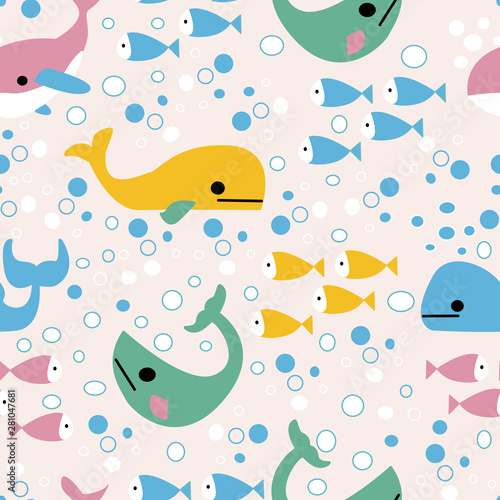 Colorful wheals and fishes in a seamless pattern design
