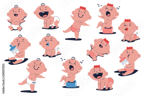 Cute baby characters set. Vector cartoon boys and girls toddlers isolated on white background.