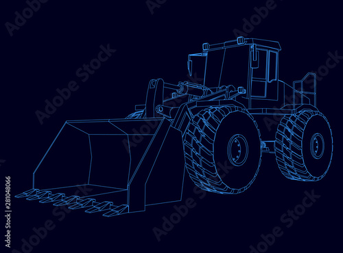 Contour of the bulldozer from the blue lines on a dark background. Vector illustration