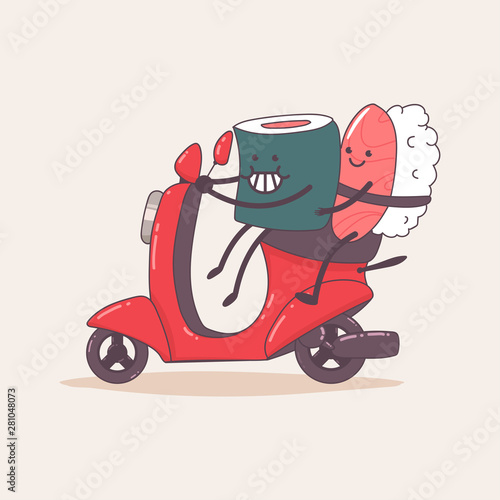 Sushi delivery. Cute food courier character on the moped. Vector cartoon illustration isolated on background.